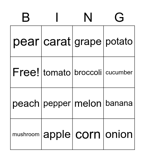 Fruits and Vegetables Bingo Card