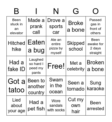 NEVER HAVE I EVER Bingo Card
