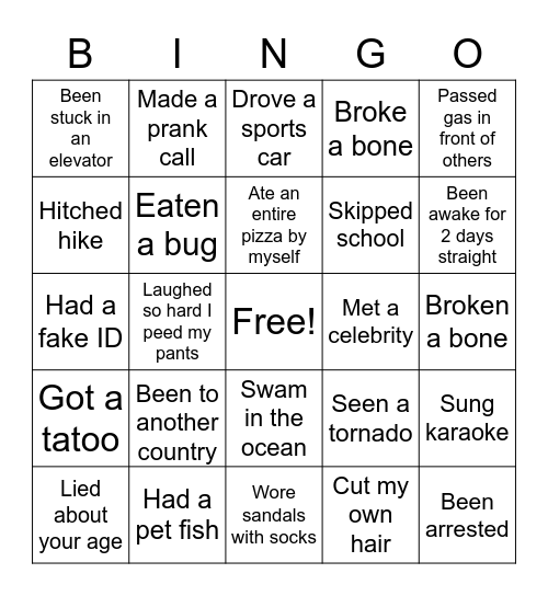 NEVER HAVE I EVER Bingo Card