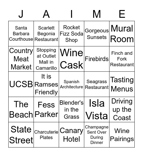 Santa Barbara - July 11, 2015 Bingo Card