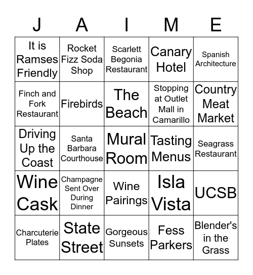 Santa Barbara - July 11, 2015 Bingo Card