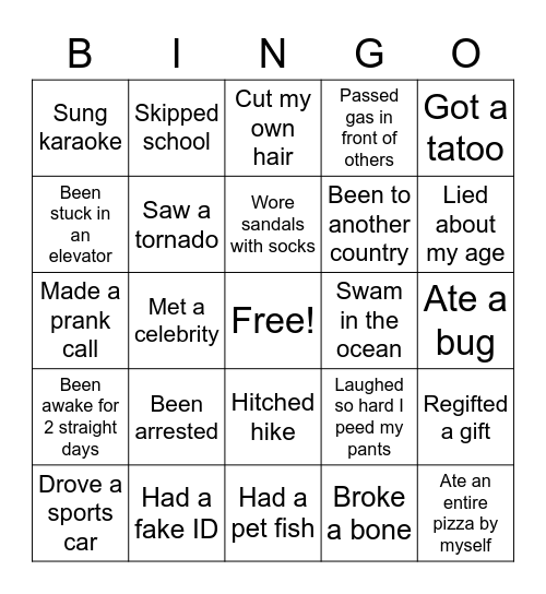 NEVER HAVE I EVER Bingo Card