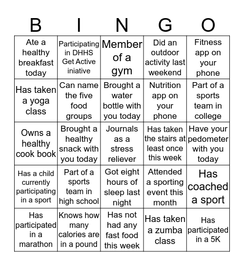 Health & Wellness Bingo Card