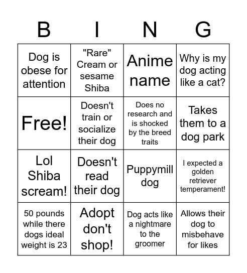 Shiba Inu owner bingo Card