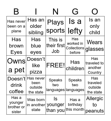 Getting to know you Bingo Card