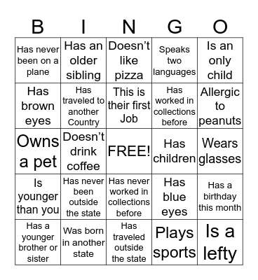 Getting to know you Bingo Card
