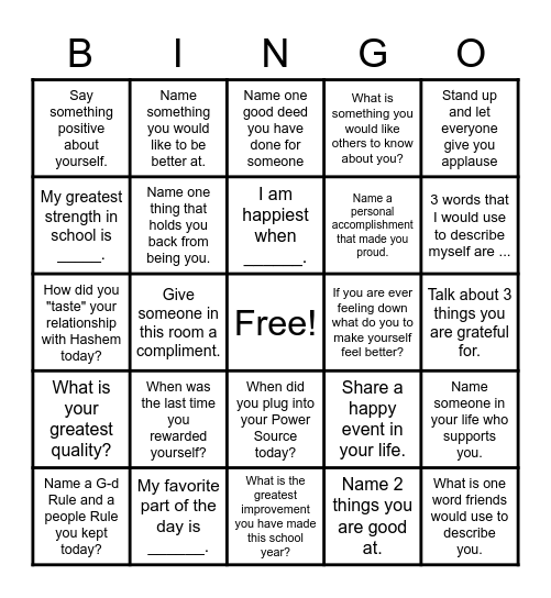 Self-Esteem Bingo! Bingo Card