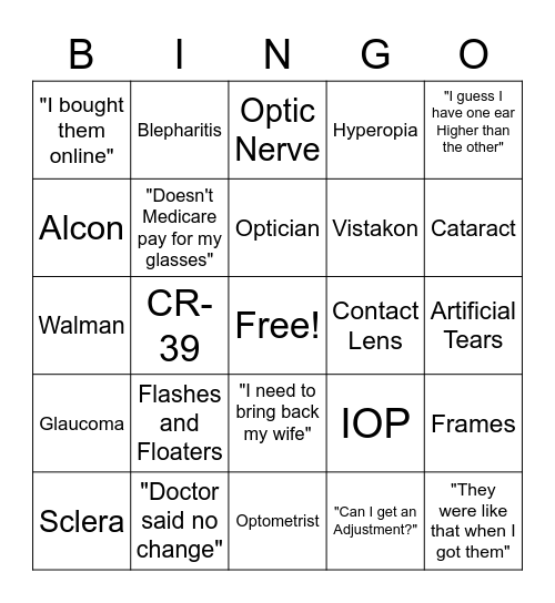 Family Eye Clinic Bingo Card