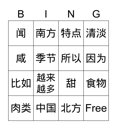 中国食物 Bingo Card