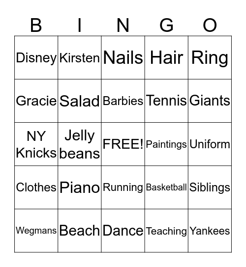 All about Sarah!  Bingo Card