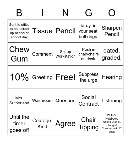 Rules, Procedures, & Expectations Bingo Card