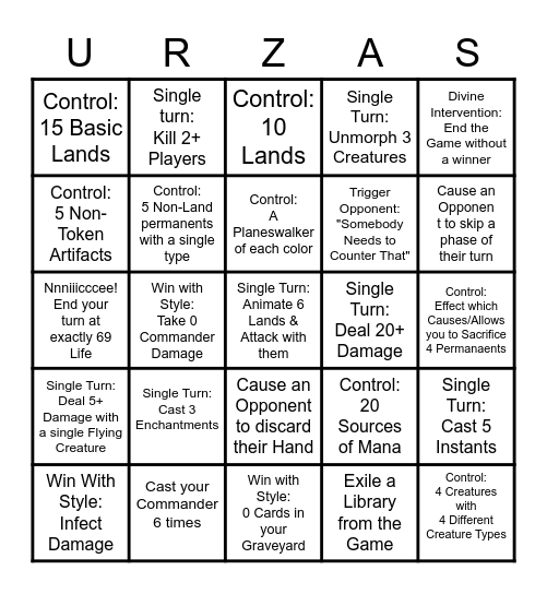 Urza's 101 Bingo Card