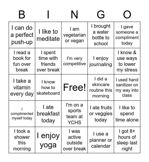 Health Bingo Card