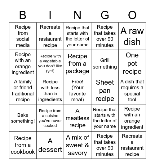 2022 Recipe Bingo! Bingo Card