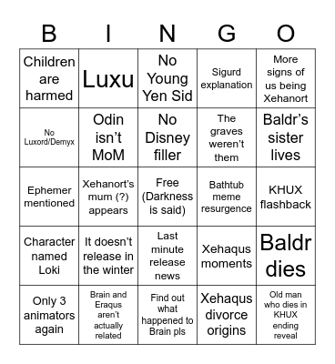 Kingdom Heart Dark Road Bingo Card