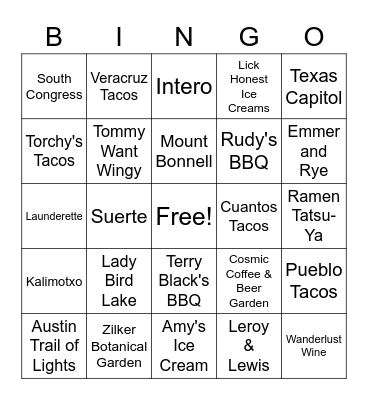 Austin Adventures Bingo Card