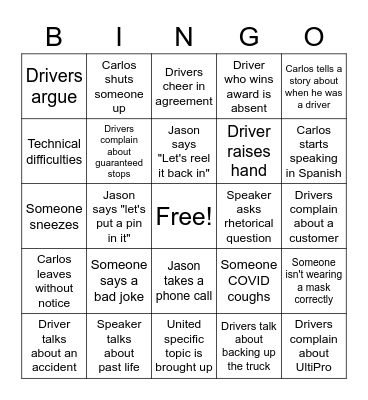 Driver Meeting Jan 2022 Bingo Card