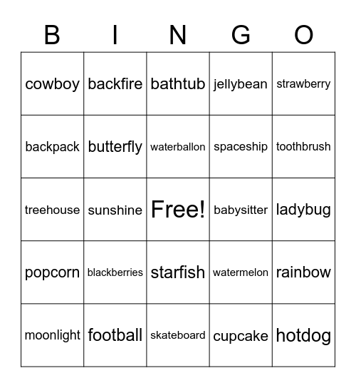 Compound Words Bingo Card