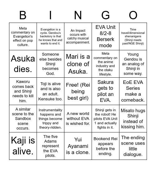 Shin EVA Bingo Board Bingo Card