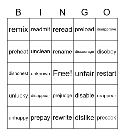 Prefix: Pre, Re, Dis, Un Bingo Card