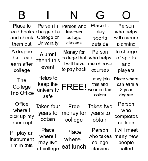 Destination College Bingo Card