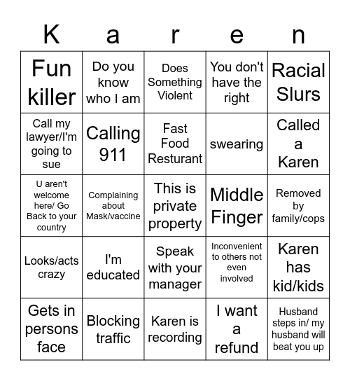 Karen bingo Card