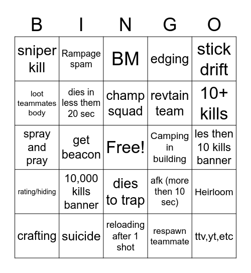 Apex Spectator Bingo Card