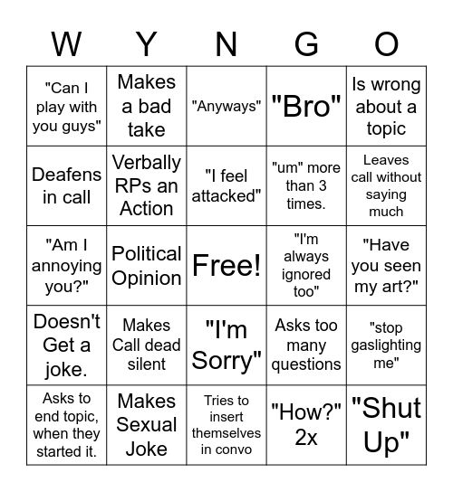 WYNGO BOARD Bingo Card