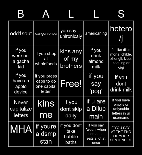 Leviathan hates you bingo (obey me) Bingo Card