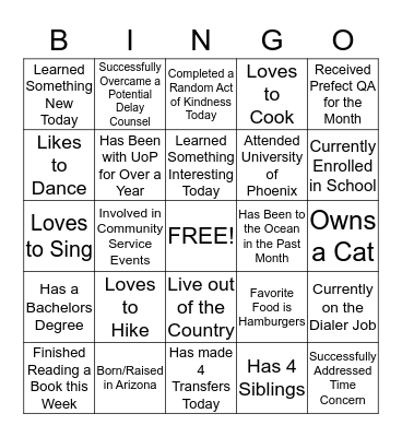 Getting to Know You Bingo Card