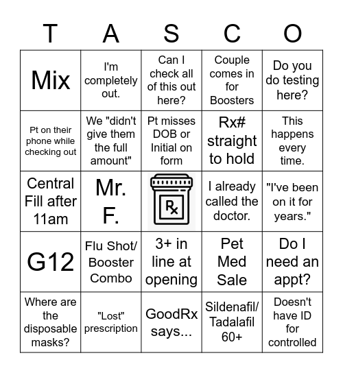 Pharmacy Bingo Card