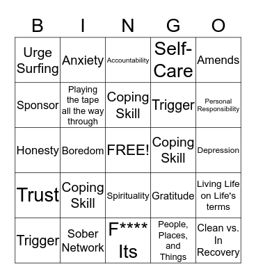 Recovery Bingo Card