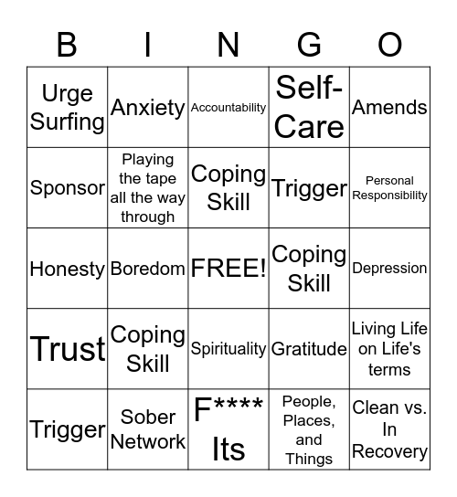 Recovery Bingo Card