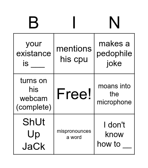 Ethan's bingo Card