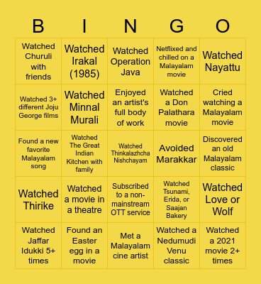 r/MalayalamMovies Year-End Bingo Card