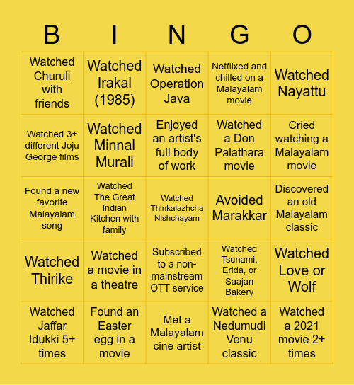 r/MalayalamMovies Year-End Bingo Card