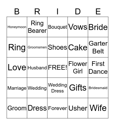 Bridal Bingo Card