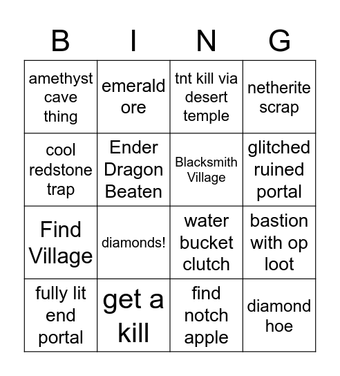 minecraft bingo Card