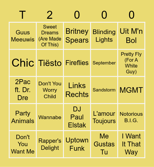 NYE 2021 Music Bingo Top 2000 Bingo Card