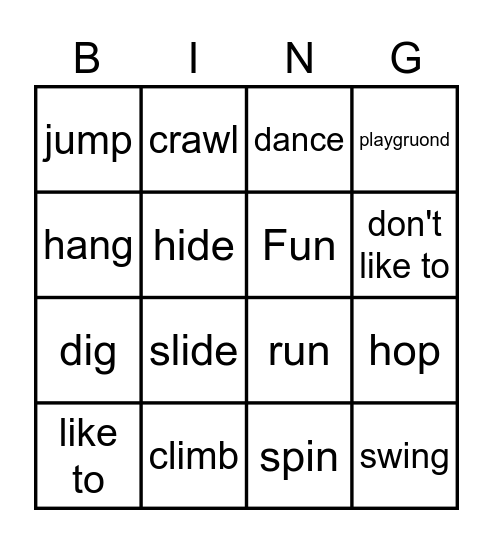 Unit1 Playground Fun Bingo Card