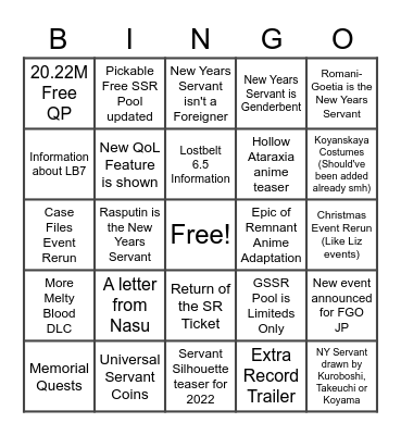 FATE/Project Bingo! Bingo Card