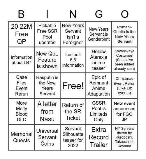 FATE/Project Bingo! Bingo Card
