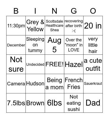 Jonna's Baby Shower Bingo Card