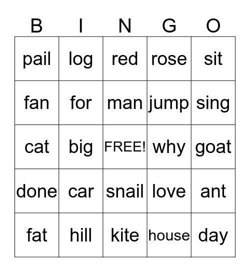 One Syllable Bingo Card