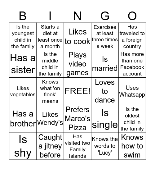 Get to Know You Bingo Card