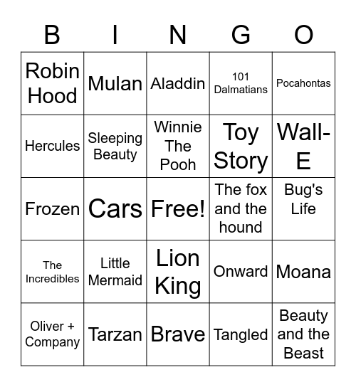 Disney Songs Bingo Card