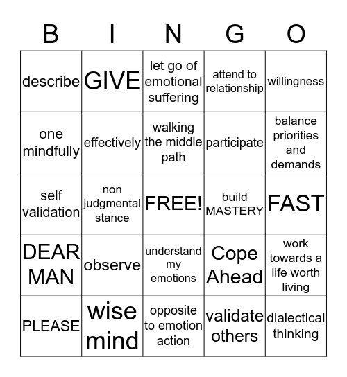 DBT Bingo Card