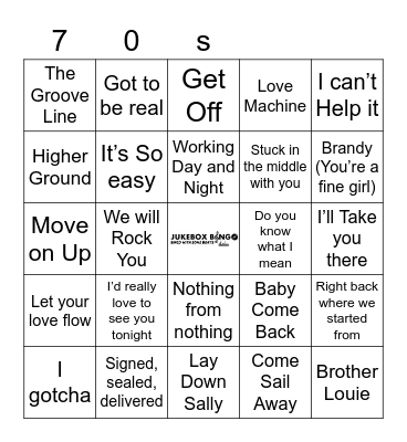 Jukebox Bingo  70s Bingo Card