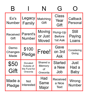Oneonta Phonathon Bingo Card