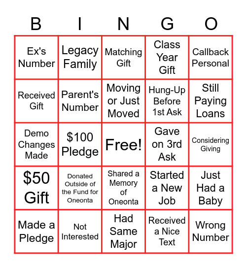 Oneonta Phonathon Bingo Card